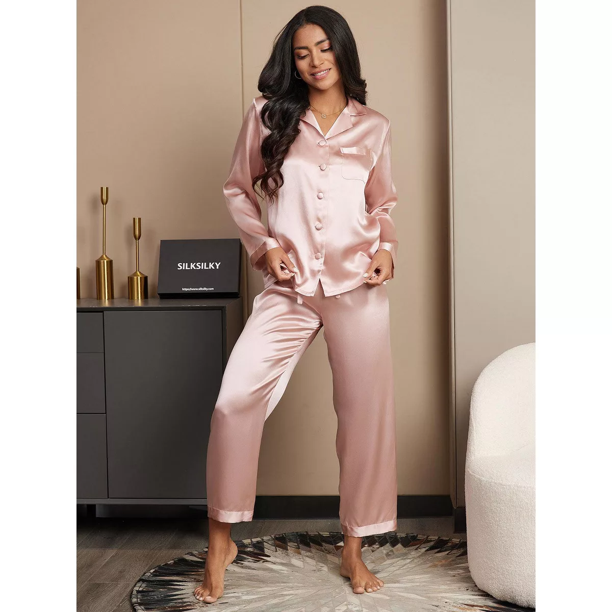 SilkSilky Women's Pure Silk Button-Up Pajamas